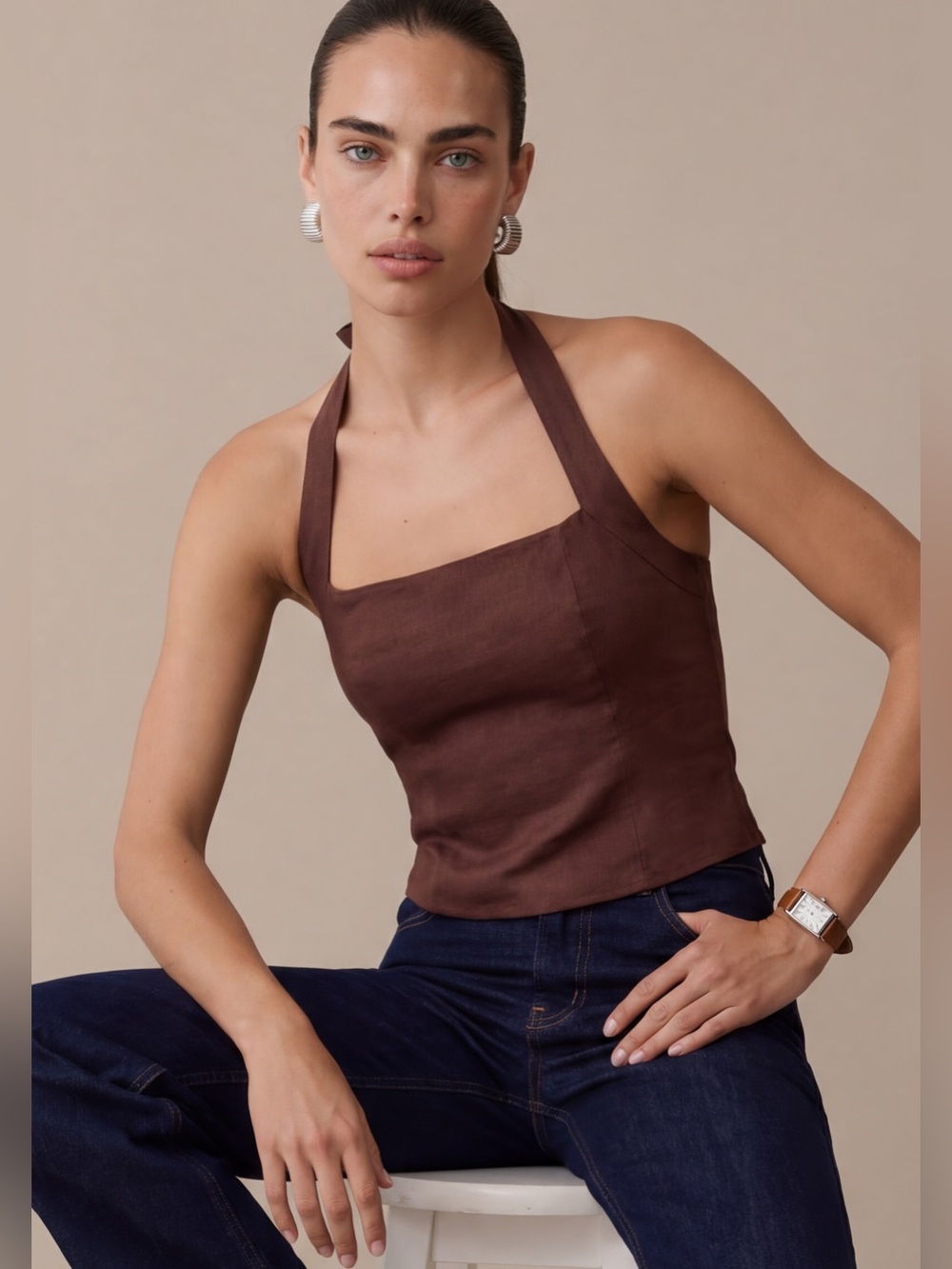 NWT Few Moda Dixie Linen Top size 2 coffee brown halter smocked Kourt